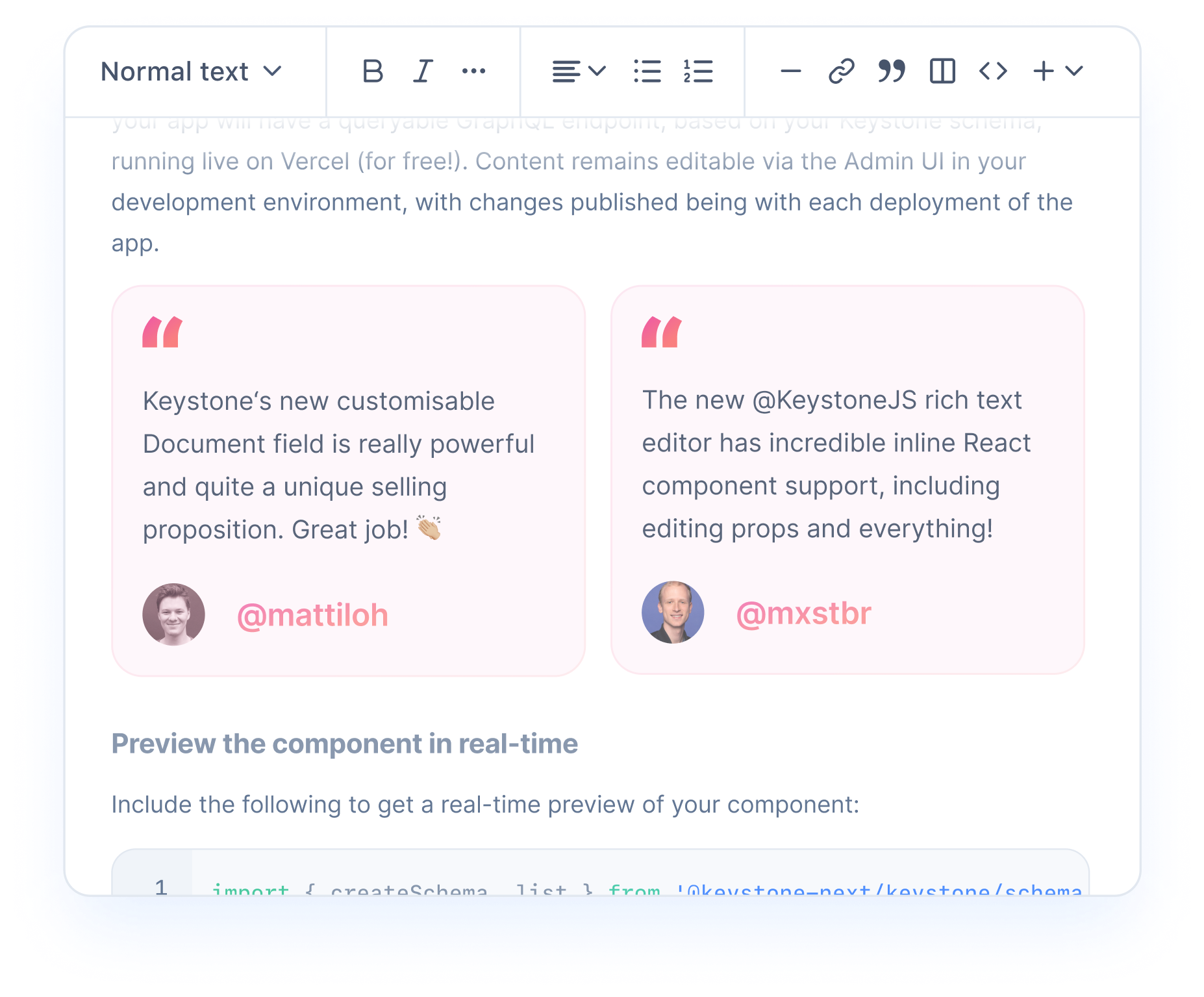 Keystone Document field containing Rich Text content including Twitter embed components, and syntax highlighted code block